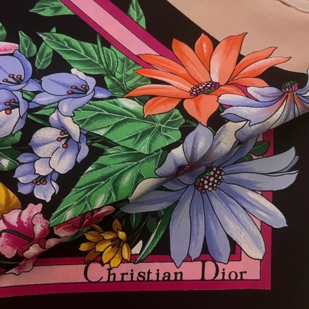 Dior Floral Silk Scarf in Black, Pink, Orange, Blue, Green